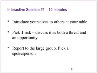 11
Interactive Session #1 – 10 minutes
 Introduce yourselves to others at your table
 Pick 1 risk – discuss it as both a threat and
an opportunity
 Report to the large group. Pick a
spokesperson.
 