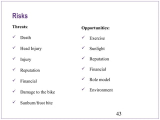 43
Risks
Threats:
 Death
 Head Injury
 Injury
 Reputation
 Financial
 Damage to the bike
 Sunburn/frost bite
Opportunities:
 Exercise
 Sunlight
 Reputation
 Financial
 Role model
 Environment
 