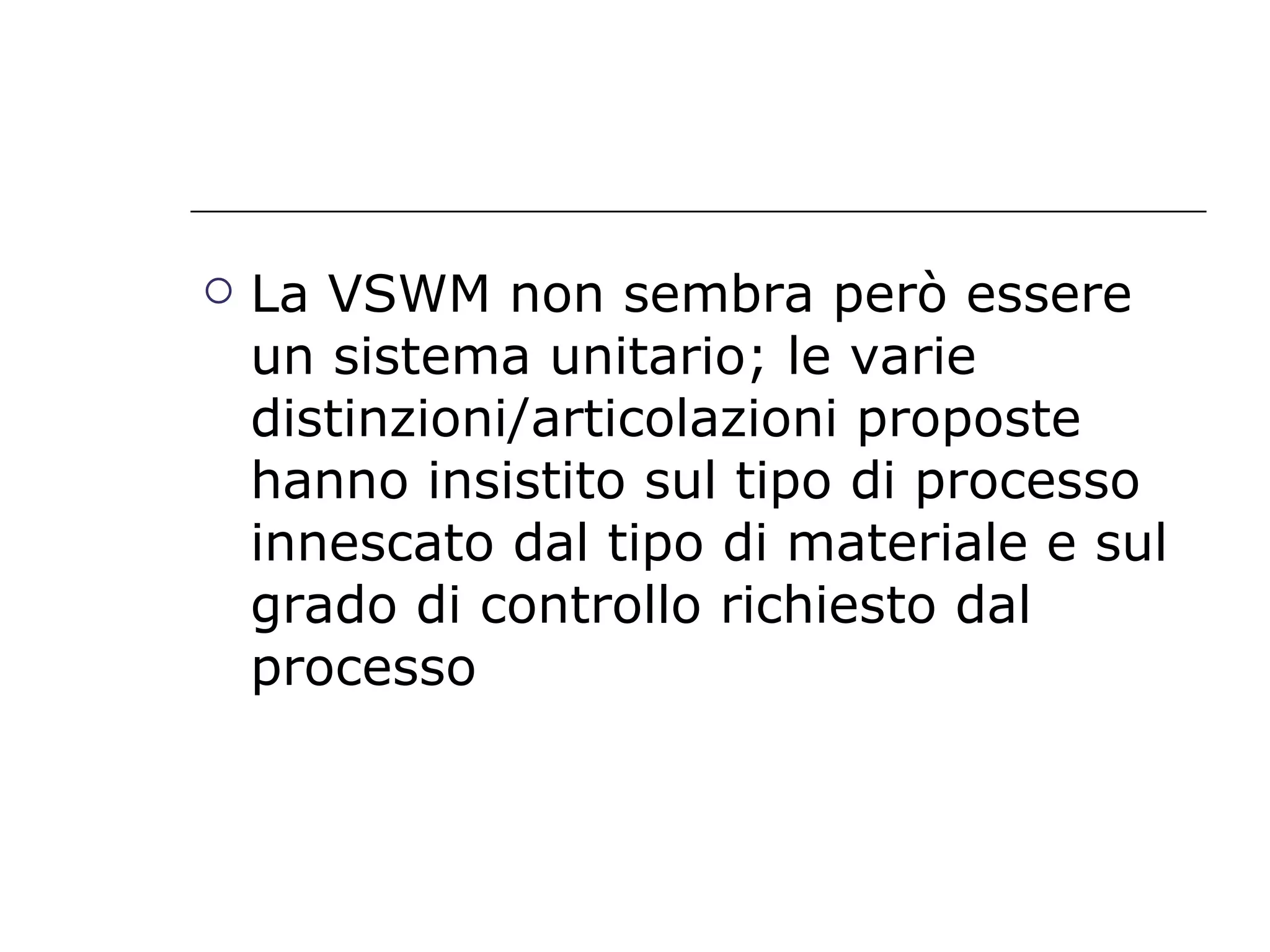 La VSWM non sembra però essere un sistema unitario; le varie distinzioni/articolazioni proposte hanno insistito sul tipo di processo innescato dal tipo di materiale e sul grado di controllo richiesto dal processo 