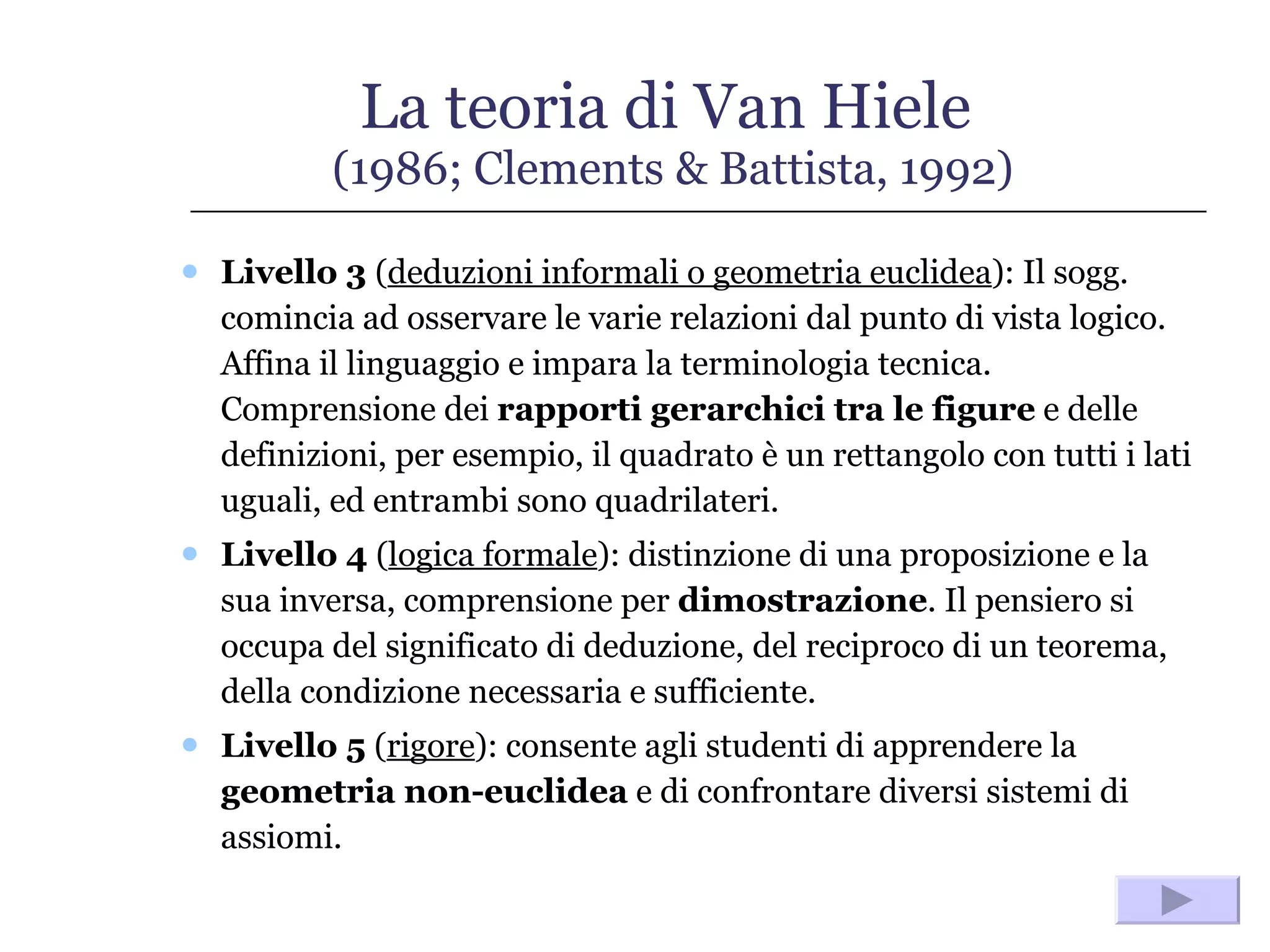 La teoria di Van Hiele  (1986; Clements & Battista, 1992) Livello 3  ( deduzioni informali o geometria euclidea ): Il sogg. comincia ad osservare le varie relazioni dal punto di vista logico. Affina il linguaggio e impara la terminologia tecnica. Comprensione dei  rapporti gerarchici tra le figure  e delle definizioni, per esempio, il quadrato è un rettangolo con tutti i lati uguali, ed entrambi sono quadrilateri. Livello 4  ( logica formale ): distinzione di una proposizione e la sua inversa, comprensione per  dimostrazione . Il pensiero si occupa del significato di deduzione, del reciproco di un teorema, della condizione necessaria e sufficiente.  Livello 5  ( rigore ): consente agli studenti di apprendere la  geometria non-euclidea  e di confrontare diversi sistemi di assiomi.  