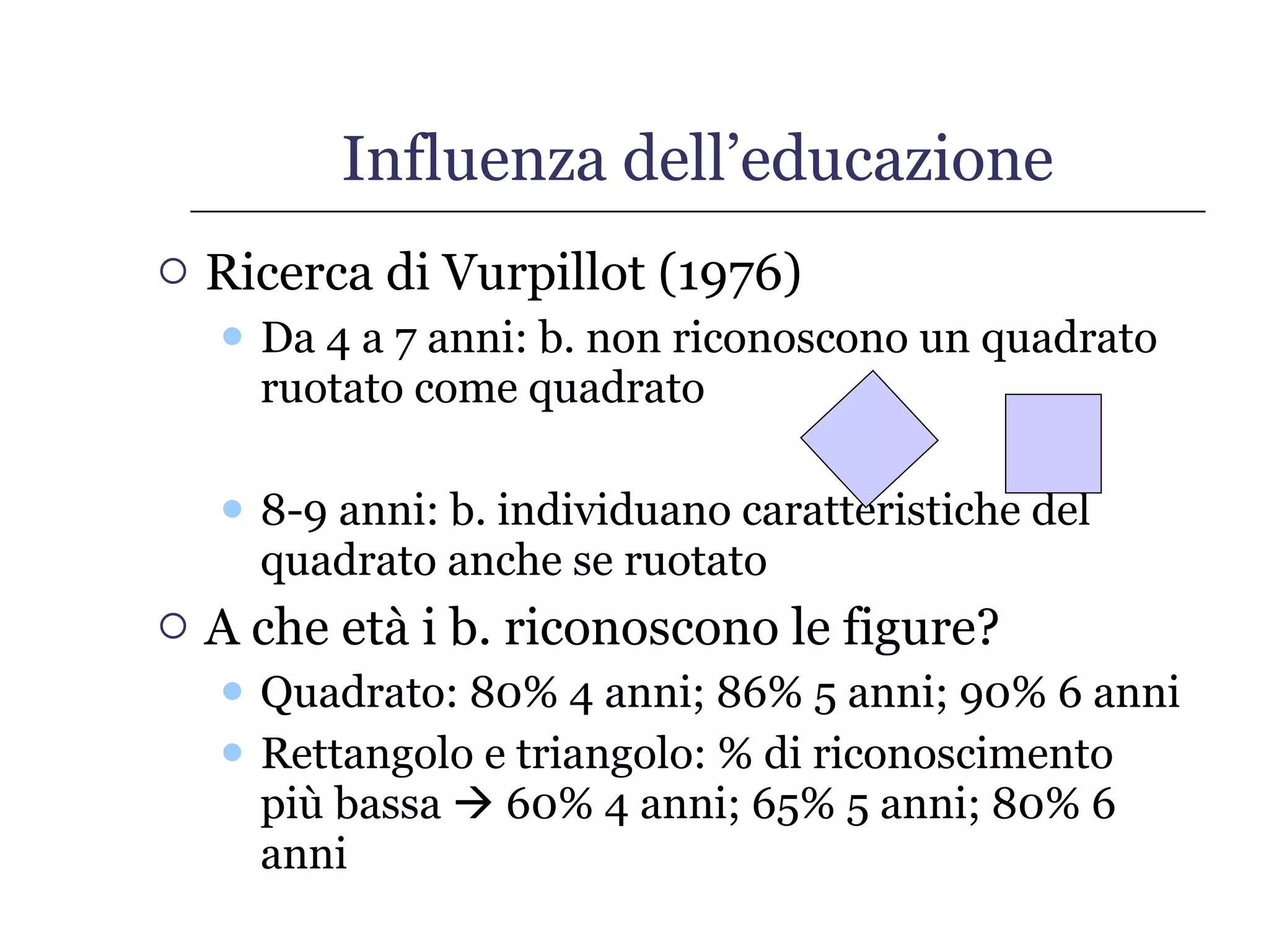 Influenza dell’educazione Ricerca di Vurpillot (1976) Da 4 a 7 anni: b. non riconoscono un quadrato ruotato come quadrato 8-9 anni: b. individuano caratteristiche del quadrato anche se ruotato A che età i b. riconoscono le figure? Quadrato: 80% 4 anni; 86% 5 anni; 90% 6 anni Rettangolo e triangolo: % di riconoscimento più bassa    60% 4 anni; 65% 5 anni; 80% 6 anni  