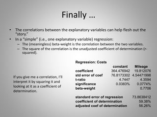 Finally …
• The correlations between the explanatory variables can help flesh out the
“story.”
• In a “simple” (i.e., one explanatory variable) regression:
– The (meaningless) beta-weight is the correlation between the two variables.
– The square of the correlation is the unadjusted coefficient of determination (r-
squared).
Regression: Costs
constant Mileage
coefficient 364.476942 19.812076
std error of coef 76.8173302 4.54471998
t-ratio 4.7447 4.3594
significance 0.0383% 0.0774%
beta-weight 0.7706
standard error of regression 73.8638412
coefficient of determination 59.38%
adjusted coef of determination 56.26%
If you give me a correlation, I’ll
interpret it by squaring it and
looking at it as a coefficient of
determination.
 