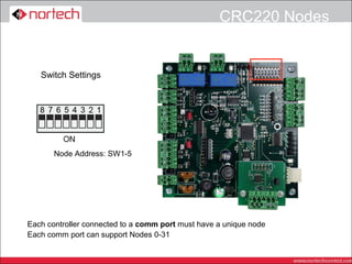 CRC220 Nodes


   Switch Settings




       Node Address: SW1-5




Each controller connected to a comm port must have a unique node
Each comm port can support Nodes 0-31
 
