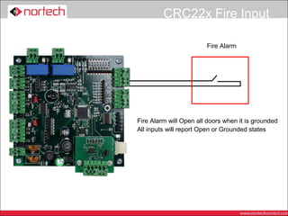 CRC22x Fire Input

                        Fire Alarm




Fire Alarm will Open all doors when it is grounded
All inputs will report Open or Grounded states
 