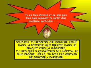 Tu es très stressé et ne sais plus très bien comment te sortir d’un problème particulier .. . . . SOUDAIN, TU RESSENS UNE DOULEUR AIGUË  DANS LA POITRINE QUI IRRADIE DANS LE BRAS ET VERS LA MÂCHOIRE.  TU N’ES QU’À 5 KILOMÈTRES DE L’HÔPITAL LE PLUS PROCHE. HÉLAS, TU N’ES PAS CERTAIN DE POUVOIR Y PARVENIR.  