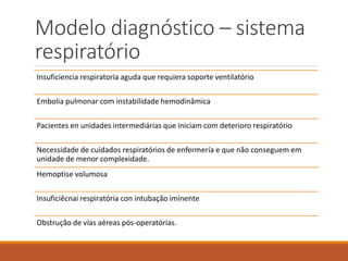 Modelo diagnóstico – sistema
respiratório
Insuficiencia respiratoria aguda que requiera soporte ventilatório
Embolia pulmonar com instabilidade hemodinâmica
Pacientes en unidades intermediárias que iniciam com deterioro respiratório
Necessidade de cuidados respiratórios de enfermería e que não conseguem em
unidade de menor complexidade.
Hemoptise volumosa
Insuficiêcnai respiratória con intubação iminente
Obstrução de vías aéreas pós-operatórias.
 