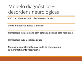 Modelo diagnóstico –
desordens neurológicas
AVC com diminuição do nível de consciencia
Coma metabólico, tóxico o anóxico
Hemorragia intracraniana com potencia de risco para herniação.
Hemorragia subaracnóidea aguda
Meningite com alteração do estado de consciencia e
comprometimento respiratorio.
 