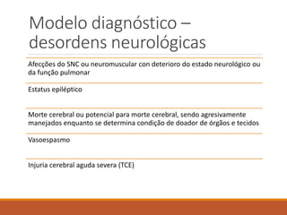 Modelo diagnóstico –
desordens neurológicas
Afecções do SNC ou neuromuscular con deterioro do estado neurológico ou
da função pulmonar
Estatus epiléptico
Morte cerebral ou potencial para morte cerebral, sendo agresivamente
manejados enquanto se determina condição de doador de órgãos e tecidos
Vasoespasmo
Injuria cerebral aguda severa (TCE)
 