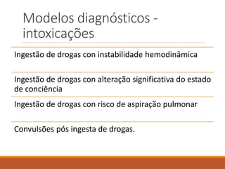 Modelos diagnósticos -
intoxicações
Ingestão de drogas con instabilidade hemodinâmica
Ingestão de drogas con alteração significativa do estado
de conciência
Ingestão de drogas con risco de aspiração pulmonar
Convulsões pós ingesta de drogas.
 