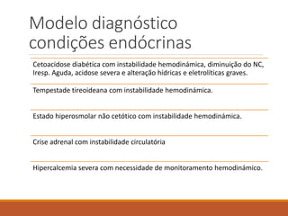 Modelo diagnóstico
condições endócrinas
Cetoacidose diabética com instabilidade hemodinámica, diminuição do NC,
Iresp. Aguda, acidose severa e alteração hídricas e eletrolíticas graves.
Tempestade tireoideana com instabilidade hemodinámica.
Estado hiperosmolar não cetótico com instabilidade hemodinámica.
Crise adrenal com instabilidade circulatória
Hipercalcemia severa com necessidade de monitoramento hemodinámico.
 