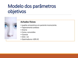 Achados físicos
• pupilas anisocóricas em paciente inconsciente.
• Taponamento cardíaco
• Anúria
• Coma, convulsões
• Cianose
• ECG < 12
• Queimaduras >20% SC
Modelo dos parâmetros
objetivos
 