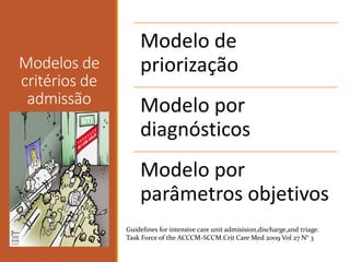 Modelos de
critérios de
admissão
Modelo de
priorização
Modelo por
diagnósticos
Modelo por
parâmetros objetivos
Guidelines for intensive care unit admisision,discharge,and triage.
Task Force of the ACCCM-SCCM.Crit Care Med 2009 Vol 27 N° 3
 