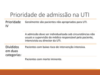 Prioridade de admissão na UTI
Prioridade
IV
Geralmente são pacientes não apropriados para UTI.
A admissão deve ser individualizada sob circunstâncias não
usuais e supervisão do médico responsável pelo paciente,
intensivista ou director da UTI.
Divididos
em duas
categorías:
Pacientes com baixo risco de intervenção intensiva.
Pacientes com morte iminente.
 