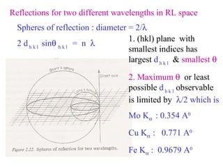 Reflections for two different wavelengths in RL space Spheres of reflection : diameter = 2/  2 d  h k l  sin    h k l  =  n   1. (hkl) plane  with smallest indices has largest  d  h k l   &  smallest   2. Maximum     or least possible  d  h k l  observable is limited by   /2 which is Mo K    : 0.354 A 0 Cu K    :  0.771 A 0 Fe K   :  0.9679 A 0 