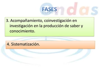 3. Acompañamiento, coinvestigación en
investigación en la producción de saber y
conocimiento.
4. Sistematización.
 