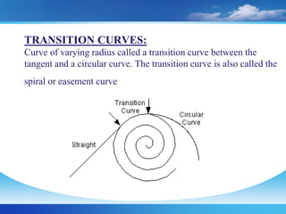 TRANSITION CURVES:
Curve of varying radius called a transition curve between the
tangent and a circular curve. The transition curve is also called the
spiral or easement curve
 