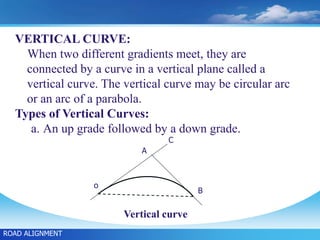 VERTICAL CURVE:
When two different gradients meet, they are
connected by a curve in a vertical plane called a
vertical curve. The vertical curve may be circular arc
or an arc of a parabola.
Types of Vertical Curves:
a. An up grade followed by a down grade.
o
A
B
C
ROAD ALIGNMENT
Vertical curve
 