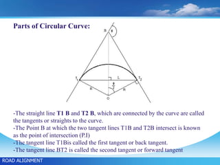 Parts of Circular Curve:
-The straight line T1 B and T2 B, which are connected by the curve are called
the tangents or straights to the curve.
-The Point B at which the two tangent lines T1B and T2B intersect is known
as the point of intersection (P.I)
-The tangent line T1Bis called the first tangent or back tangent.
-The tangent line BT2 is called the second tangent or forward tangent
ROAD ALIGNMENT
 