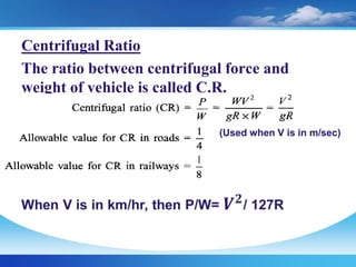 Centrifugal Ratio
The ratio between centrifugal force and
weight of vehicle is called C.R.
(Used when V is in m/sec)
 