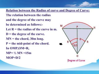 Relation between the Radius of curve and Degree of Curve:
The relation between the radius
and the degree of the curve may
be determined as follows:-
Let R = the radius of the curve in m.
D = the degree of the curve.
MN = the chord, 30m long.
P = the mid-point of the chord.
In OMP,OM=R,
MP= ½ MN =15m
MOP=D/2
 