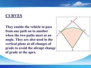 CURVES
They enable the vehicle to pass
from one path on to another
when the two paths meet at an
angle. They are also used in the
vertical plane at all changes of
grade to avoid the abrupt change
of grade at the apex.
 