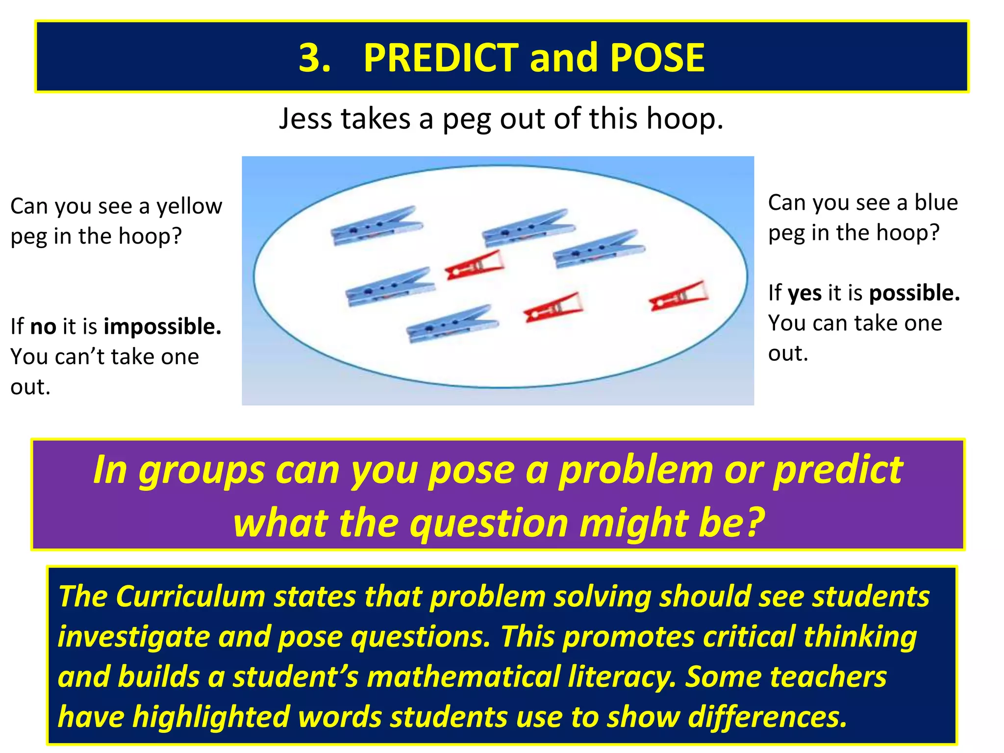 3. PREDICT and POSE
In groups can you pose a problem or predict
what the question might be?
The Curriculum states that problem solving should see students
investigate and pose questions. This promotes critical thinking
and builds a student’s mathematical literacy. Some teachers
have highlighted words students use to show differences.
Jess takes a peg out of this hoop.
Can you see a blue
peg in the hoop?
If yes it is possible.
You can take one
out.
Can you see a yellow
peg in the hoop?
If no it is impossible.
You can’t take one
out.
 