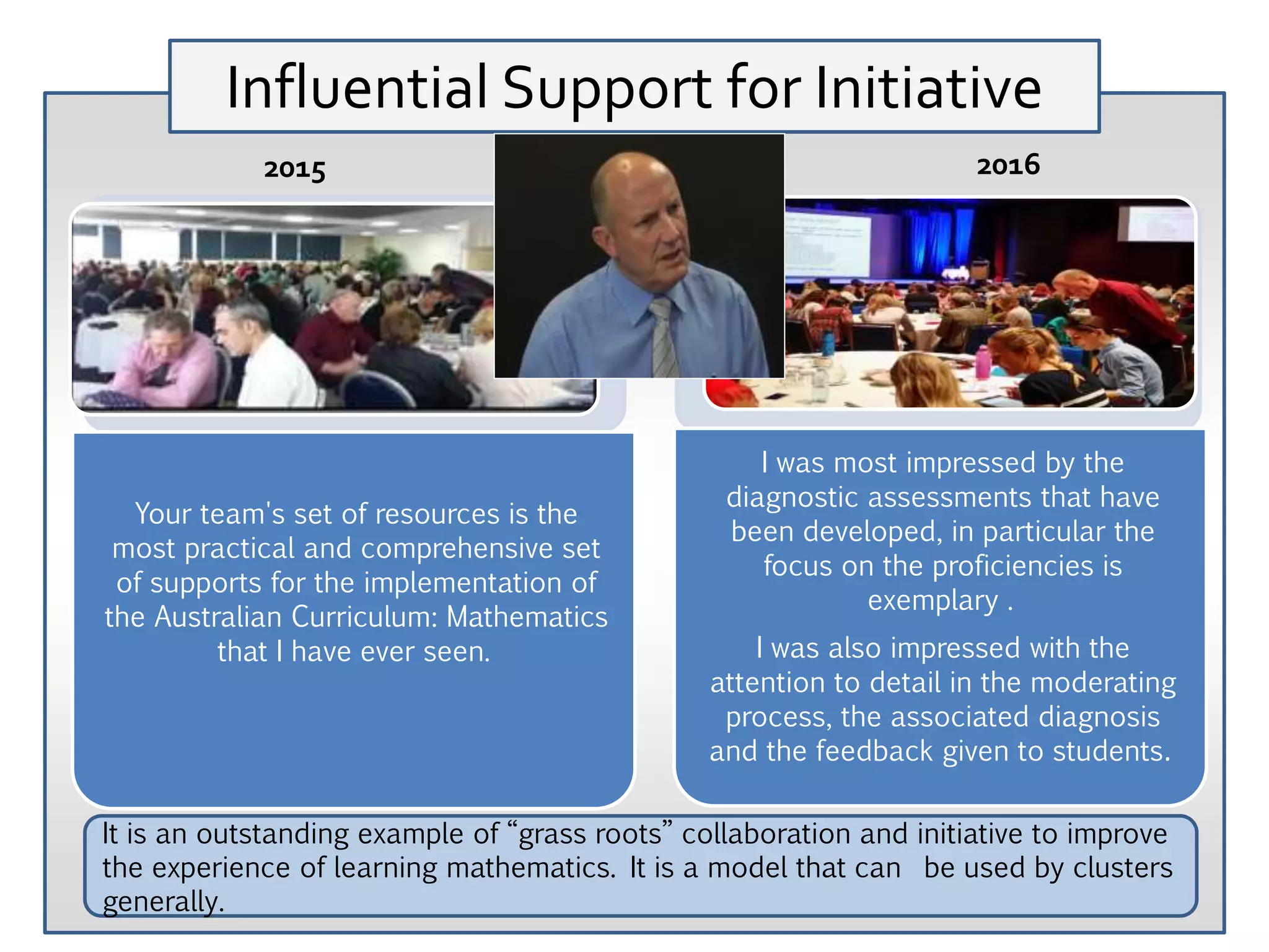 Influential Support for Initiative
I was most impressed by the
diagnostic assessments that have
been developed, in particular the
focus on the proficiencies is
exemplary .
I was also impressed with the
attention to detail in the moderating
process, the associated diagnosis
and the feedback given to students.
Your team's set of resources is the
most practical and comprehensive set
of supports for the implementation of
the Australian Curriculum: Mathematics
that I have ever seen.
2015 2016
It is an outstanding example of “grass roots” collaboration and initiative to improve
the experience of learning mathematics. It is a model that can be used by clusters
generally.
 