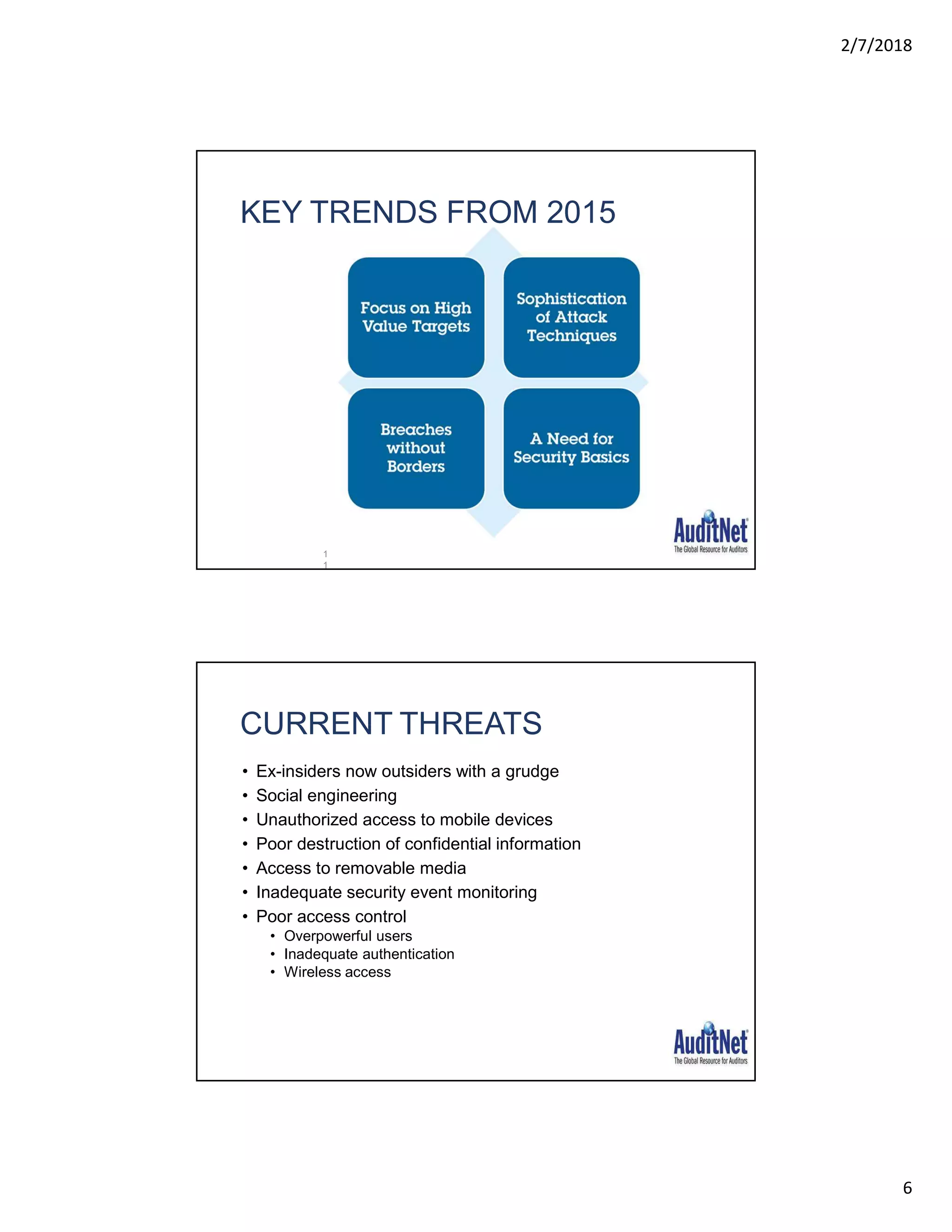 2/7/2018
6
KEY TRENDS FROM 2015
1
1
CURRENT THREATS
• Ex-insiders now outsiders with a grudge
• Social engineering
• Unauthorized access to mobile devices
• Poor destruction of confidential information
• Access to removable media
• Inadequate security event monitoring
• Poor access control
• Overpowerful users
• Inadequate authentication
• Wireless access
 