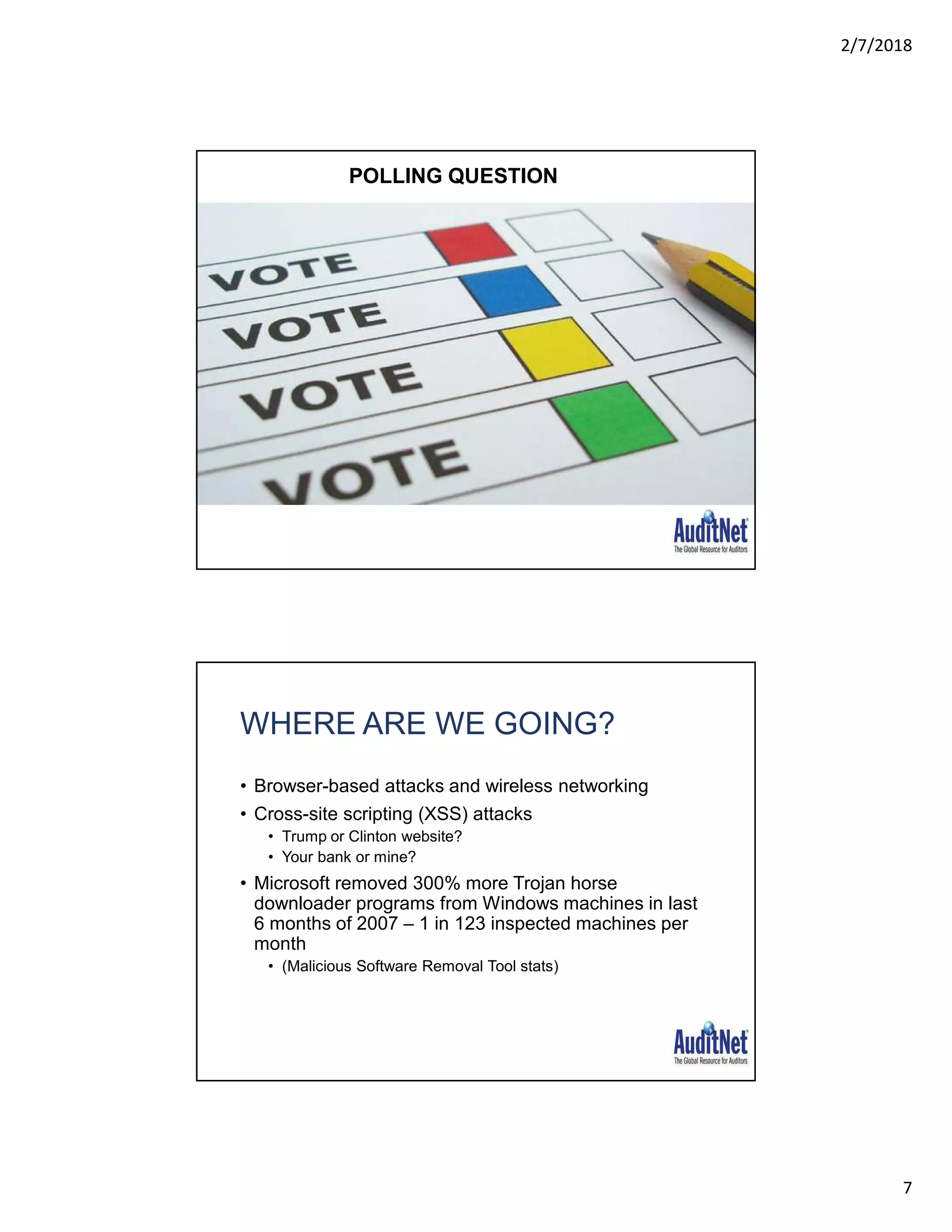 2/7/2018
7
POLLING QUESTION
WHERE ARE WE GOING?
• Browser-based attacks and wireless networking
• Cross-site scripting (XSS) attacks
• Trump or Clinton website?
• Your bank or mine?
• Microsoft removed 300% more Trojan horse
downloader programs from Windows machines in last
6 months of 2007 – 1 in 123 inspected machines per
month
• (Malicious Software Removal Tool stats)
 