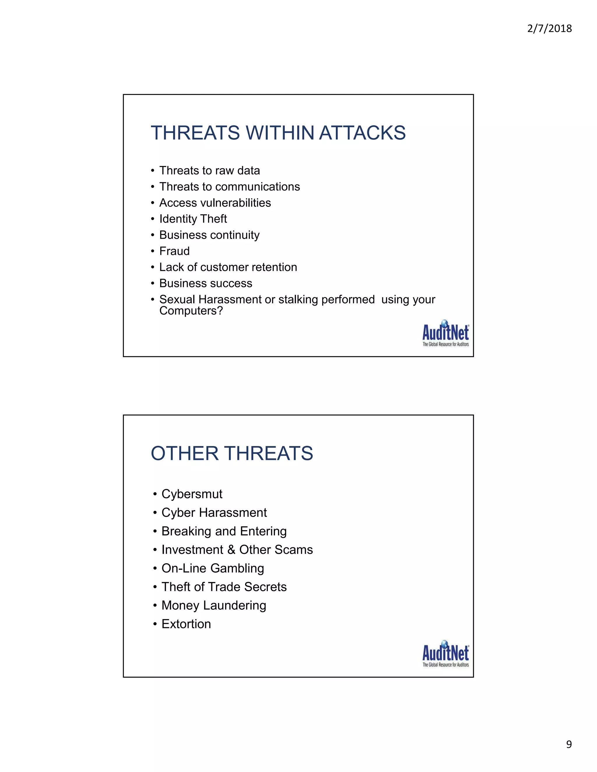 2/7/2018
9
THREATS WITHIN ATTACKS
• Threats to raw data
• Threats to communications
• Access vulnerabilities
• Identity Theft
• Business continuity
• Fraud
• Lack of customer retention
• Business success
• Sexual Harassment or stalking performed using your
Computers?
OTHER THREATS
• Cybersmut
• Cyber Harassment
• Breaking and Entering
• Investment & Other Scams
• On-Line Gambling
• Theft of Trade Secrets
• Money Laundering
• Extortion
 