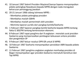 41. 10 Januari 1967 Sekmil Presiden MayJend Soeryo Sapeno menyampaikan
pidato pelengkap Nawaksara kepada MPRS dengan nada meragukan
keharusan pertanggung jawaban
42. 20-21 Januari 1966 sidang Istimewa MPRS :
- Membahas pidato pelengkap presiden
- Membahas maslah GBHN
- Membahas maslah pemerintah oleh presiden
- Meminta laporan yuridis dari pangkop kamtib/Soeharto
43. 1 Februari 1967 laporan pangkop kantib Soeharto kepada MPRS tentang
fakta G 30S/PKI tentang kemerosotan ekonomi.
44. 8 Februari 1967 rapat panglima dari 9 angkatan : menolak surat presiden
Soekarno yang mempersoalkan pembagian kekuasaan antara presiden
dan pengemban SP
45. 9 Februari 1967 keluar resolusi DPR GR untuk SI MPRS
46. 10 Februari 1967 Soeharto menyampaikan penolakan ABRI kepada pidato
Soekarno
47. 11 Februari 1967 panglima angkatan-angkatan menhadap presiden di
Bogor menyampaikan agar presiden Soekarno mematuhi konstitusi dan
Tap MPRS
 