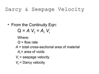 Darcy & Seepage Velocity
• From the Continuity Eqn:
Q = A VD = AV Vs
Where:
Q = flow rate
A = total cross-sectional area of material
AV = area of voids
Vs = seepage velocity
VD = Darcy velocity
 
