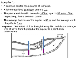Example 1:
• A confined aquifer has a source of recharge.
• K for the aquifer is 50 m/day, and n is 0.2.
• The piezometric head in two wells 1000 m apart is 55 m and 50 m
respectively, from a common datum.
• The average thickness of the aquifer is 30 m, and the average width
of aquifer is 5 km.
Compute: (a) the rate of flow through the aquifer; and (b) the average
time of travel from the head of the aquifer to a point 4 km
downstream.
 