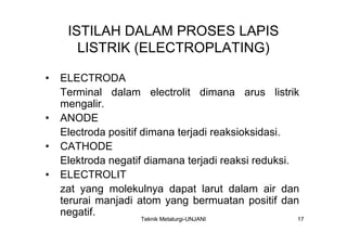 ISTILAH DALAM PROSES LAPIS
       LISTRIK (ELECTROPLATING)

•   ELECTRODA
    Terminal dalam electrolit dimana arus listrik
    mengalir.
•   ANODE
    Electroda positif dimana terjadi reaksioksidasi.
•   CATHODE
    Elektroda negatif diamana terjadi reaksi reduksi.
•   ELECTROLIT
    zat yang molekulnya dapat larut dalam air dan
    terurai manjadi atom yang bermuatan positif dan
    negatif.
                    Teknik Metalurgi-UNJANI         17
 