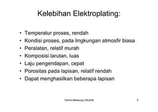 Kelebihan Elektroplating:

•   Temperatur proses, rendah
•   Kondisi proses, pada lingkungan atmosfir biasa
•   Peralatan, relatif murah
•   Komposisi larutan, luas
•   Laju pengendapan, cepat
•   Porositas pada lapisan, relatif rendah
•   Dapat menghasilkan beberapa lapisan


                    Teknik Metalurgi-UNJANI          6
 