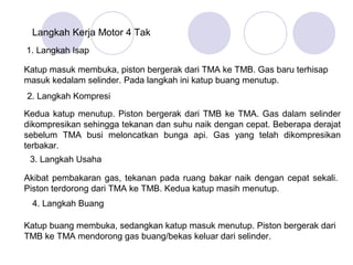 Langkah Kerja Motor 4 Tak
1. Langkah Isap

Katup masuk membuka, piston bergerak dari TMA ke TMB. Gas baru terhisap
masuk kedalam selinder. Pada langkah ini katup buang menutup.
2. Langkah Kompresi

Kedua katup menutup. Piston bergerak dari TMB ke TMA. Gas dalam selinder
dikompresikan sehingga tekanan dan suhu naik dengan cepat. Beberapa derajat
sebelum TMA busi meloncatkan bunga api. Gas yang telah dikompresikan
terbakar.
 3. Langkah Usaha

Akibat pembakaran gas, tekanan pada ruang bakar naik dengan cepat sekali.
Piston terdorong dari TMA ke TMB. Kedua katup masih menutup.
 4. Langkah Buang

Katup buang membuka, sedangkan katup masuk menutup. Piston bergerak dari
TMB ke TMA mendorong gas buang/bekas keluar dari selinder.
 