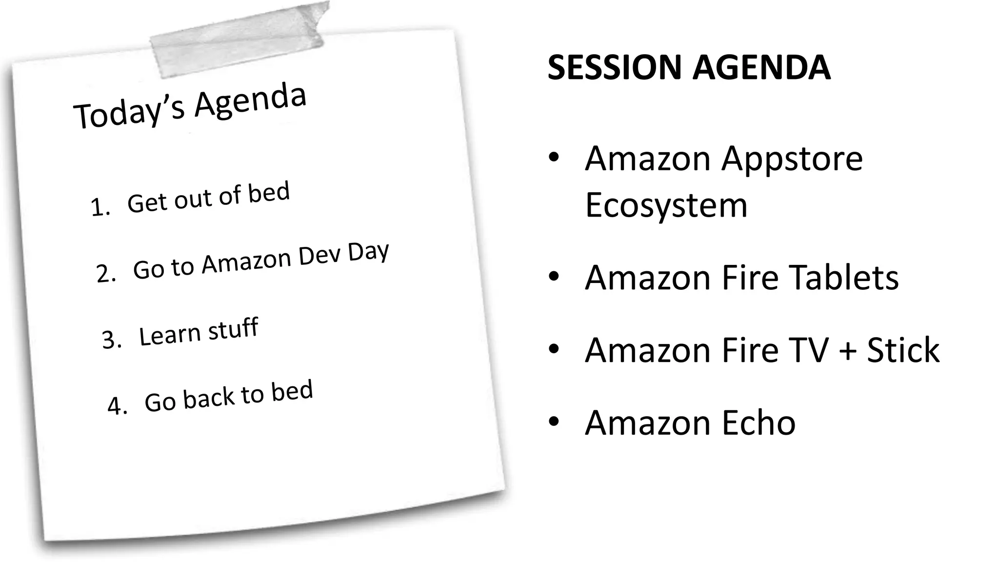 SESSION AGENDA
• Amazon Appstore
Ecosystem
• Amazon Fire Tablets
• Amazon Fire TV + Stick
• Amazon Echo
 