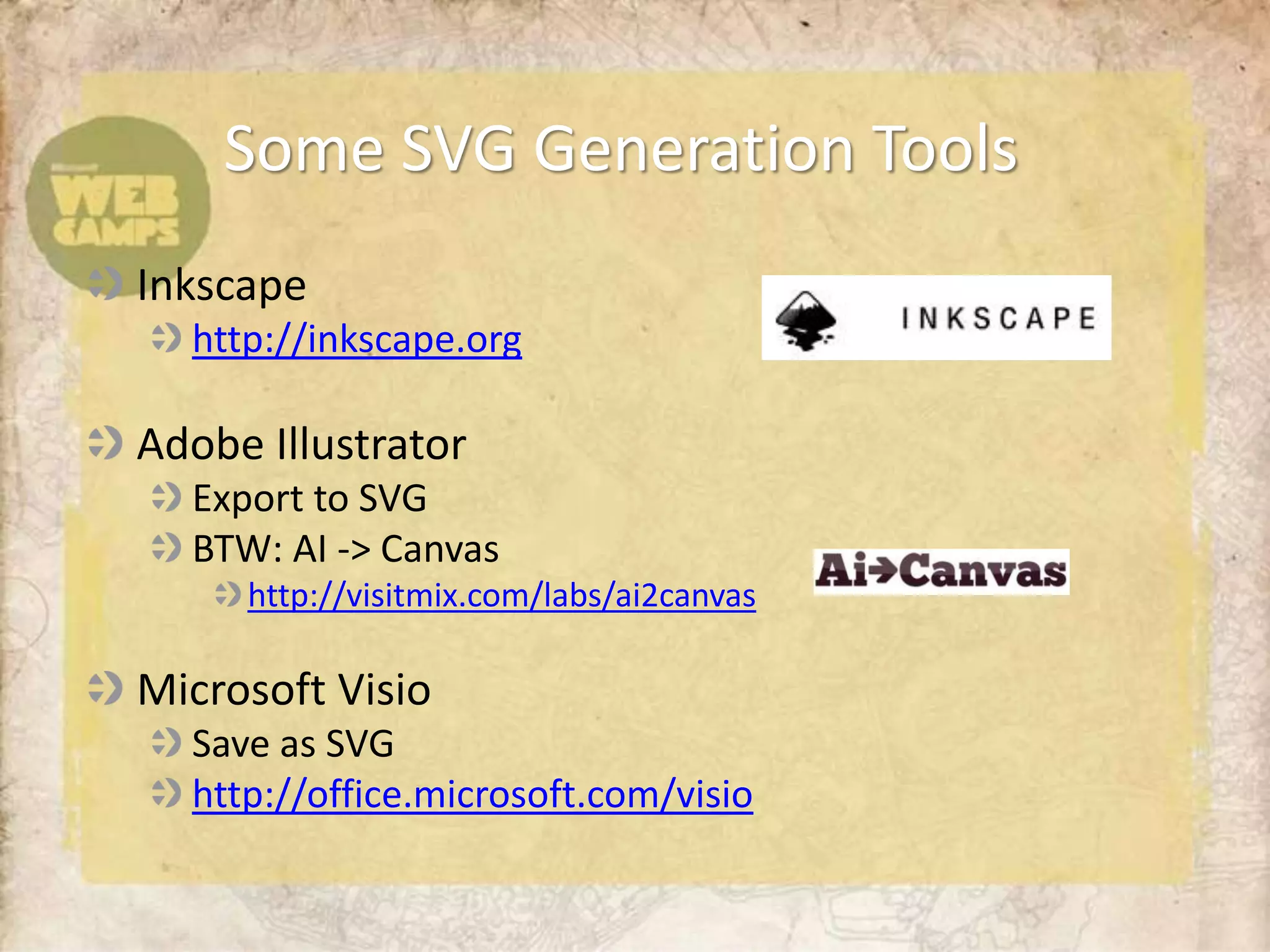 Some SVG Generation Tools
Inkscape
  http://inkscape.org

Adobe Illustrator
  Export to SVG
  BTW: AI -> Canvas
     http://visitmix.com/labs/ai2canvas

Microsoft Visio
  Save as SVG
  http://office.microsoft.com/visio
 