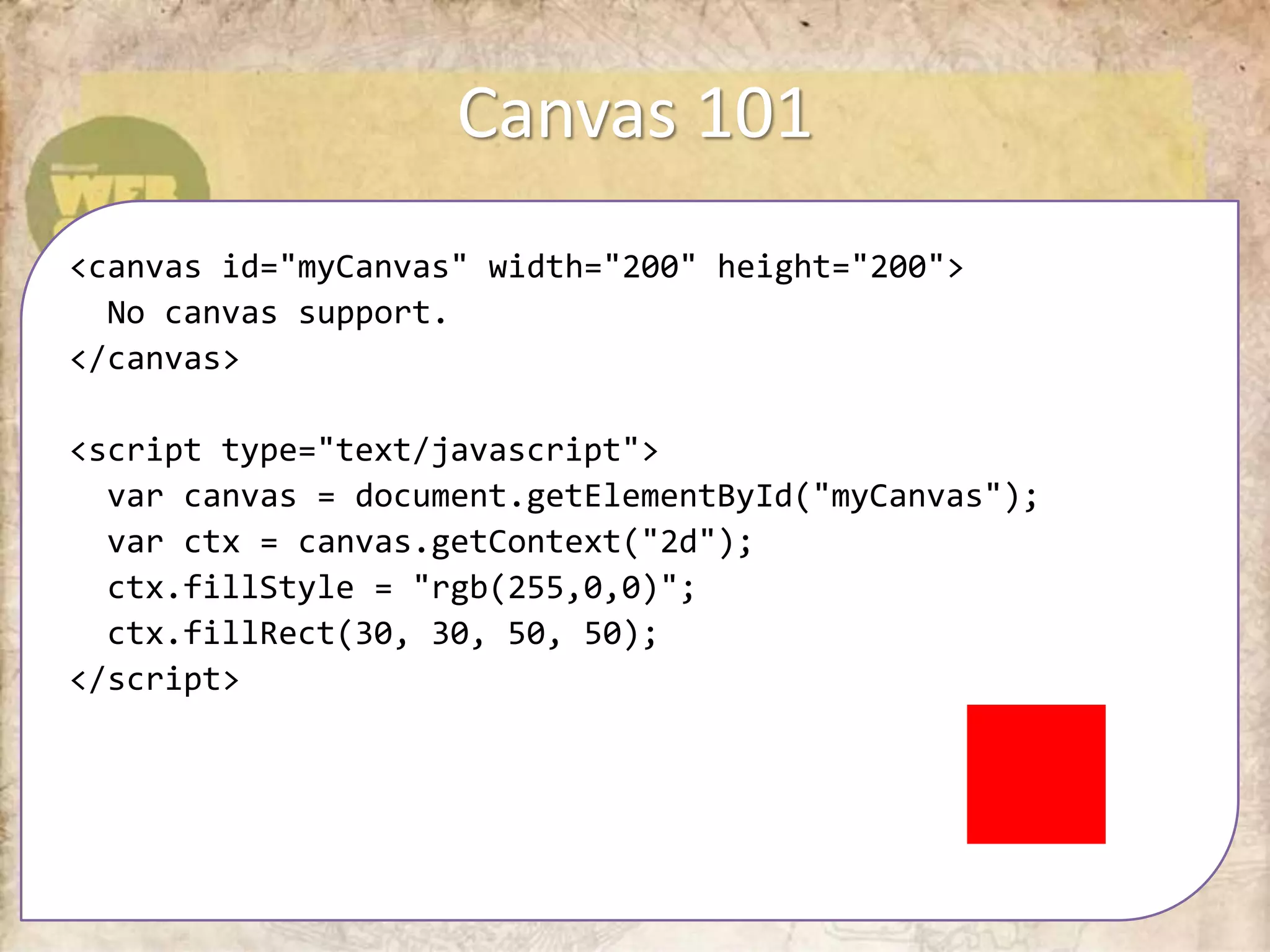 Canvas 101
<canvas id="myCanvas" width="200" height="200">
  No canvas support.
</canvas>

<script type="text/javascript">
  var canvas = document.getElementById("myCanvas");
  var ctx = canvas.getContext("2d");
  ctx.fillStyle = "rgb(255,0,0)";
  ctx.fillRect(30, 30, 50, 50);
</script>
 