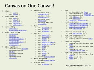 Canvas on One Canvas!
state                             Shadows                             text
                                          attribute double                   attribute DOMString font;
    void save();
                                          shadowOffsetX;                     attribute DOMString textAlign;
    void restore();
                                          attribute double                   attribute DOMString textBaseline;
transformations                                                              void fillText(…);
                                          shadowOffsetY;
    void   scale(…);                                                         void strokeText(…);
    void   rotate(…);
                                          attribute double
                                          shadowBlur;                        TextMetrics measureText(…);
    void   translate(…);                                              pixel manipulation
                                          attribute DOMString
    void   transform(…);                                                     ImageData createImageData(…);
                                          shadowColor;
    void   setTransform(…);                                                  ImageData createImageData(…);
                                  Rects
compositing                                                                  ImageData getImageData(…);
                                          void clearRect(…);
    globalAlpha;                                                             void putImageData(…);
                                          void fillRect(…);
    globalCompositeOperation;
                                          void strokeRect(…);         interface CanvasGradient {
colors and styles
                                  path API                                   void addColorStop(…); };
    strokeStyle;
                                          void beginPath();           interface CanvasPattern {};
    fillStyle;
    CanvasGradient                        void closePath();           interface TextMetrics {
    createLinearGradient(…);              void moveTo(…);                    readonly attribute double width;
    CanvasGradient                        void lineTo(…);                    };
    createRadialGradient(…);              void quadraticCurveTo(…);   interface ImageData {
    CanvasPattern                                                            readonly attribute unsigned long
                                          void bezierCurveTo(…);             width;
    createPattern(…);
                                          void arcTo(…);                     readonly attribute unsigned long
Line caps/joins                           void rect(…);                      height;
    attribute double lineWidth;                                              readonly attribute
                                          void arc(…);
    attribute DOMString                                                      CanvasPixelArray data; };
    lineCap;                              void fill();
                                                                      interface CanvasPixelArray {
    attribute DOMString                   void stroke();
                                                                             readonly attribute unsigned long
    lineJoin;                             void clip();                       length;
    attribute double                      boolean isPointInPath(…);          getter octet (…);
    miterLimit;
                                  focus management                           setter void (…); };
                                          boolean drawFocusRing(…);
                                  drawing images
                                          void drawImage(…);
                                                                      Via Jatinder Mann – MIX11
 