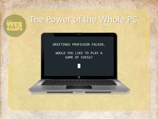 The Power of the Whole PC

     GREETINGS PROFESSOR FALKEN.

      WOULD YOU LIKE TO PLAY A
           GAME OF CHESS?

                 █
 