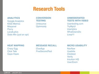 Research Tools
   ANALYTICS                  CONVERSION       UNMODERATED
   Google Analytics           TESTING          T...