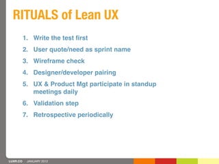RITUALS of Lean UX
          1. Write the test ﬁrst
          2. User quote/need as sprint name
          3. Wireframe che...