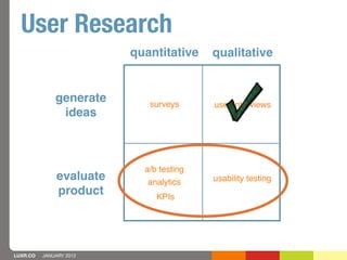 User Research
                          quantitative    qualitative


              generate       surveys      user inter...