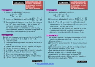 © http://alphamaths.12r.org
L.S.FARHAT HACHED - KEF
DEVOIR DE CONTROLE N°5.
LE: 17/04/2014. 9H-9H45’.
NIVEAU: 1S4
MR: SMAALI.MONDHER.
EXERCICE n°1. (9 Pts)
1) Résoudre par substitution le système
(S):
2) Résoudre par égalisation le système (S’):
3) Samir et Mounir disposent à eux deux d’une somme
de 450D
. Samir dit à Mounir : « Si je te donne 50D
,
mon avoir sera alors le double du tien. »
En désignant par x l’avoir initial de Samir et par y
celui de Mounir, mettre le problème en équation et
déterminer l’avoir initial de chacun d’eux.
EXERCICE n°2. (11 Pts)
Dans le plan rapporté à un repère orthonormé (O, , )
On donne les points A (3, 1), B (2, -1) et C (1, 2).
1) Faire une figure.
2) Déterminer les composantes de chacun des vecteurs
et
3) Déduire que les points A, B et C ne sont pas alignés.
4) Calculer les distances AB, AC et BC.
5) En déduire que le triangle ABC est isocèle rectangle.
6) Placer le point D (-2, 1) dans le même repère.
7) Déterminer les composantes du vecteur .
8) Prouver que les droites (BD) et (AC) sont parallèles.
9) Calculer l’aire du trapèze ABDC.
BON TRAVAIL.
L.S.FARHAT HACHED - KEF
DEVOIR DE CONTROLE N°5.
LE: 17/04/2014. 9H-9H45’.
NIVEAU: 1S4
MR: SMAALI.MONDHER.
EXERCICE n°1. (9 Pts)
1) Résoudre par égalisation le système
(S):
2) Résoudre par substitution le système (S’):
3) Ali dit à Anis:≪ Si tu me donnes 6 billes, j’en aurai
autant que toi ≫. Anis réplique:≪ Si je t’en donne 10,
tu en auras 2 fois plus que moi≫.
En désignant par x le nombre des billes de Ali et par
y celui de Anis, mettre le problème en équation et
déterminer le nombre des billes de chacun d’eux.
EXERCICE n°2. (11 Pts)
Dans le plan rapporté à un repère orthonormé (O, , )
On donne les points A(1,3), B (-1, 2) et C (2, 1).
1) Faire une figure.
2) Déterminer les composantes de chacun des vecteurs
et
3) Déduire que les points A, B et C ne sont pas alignés.
4) Calculer les distances AB, AC et BC.
5) En déduire la nature du triangle ABC.
6) Placer le point D (1, -2) dans le même repère.
7) Déterminer les composantes du vecteur .
8) Prouver que les droites (BD) et (AC) sont parallèles.
9) Calculer l’aire du trapèze ABDC.
BON TRAVAIL.
Sujet Gauche. Sujet Droite.
 