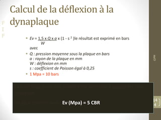 F
I
F
Calcul de la déflexion à la
dynaplaque
 Ev = 1,5 x Q x a x (1 - s 2 )le résultat est exprimé en bars
W
avec
 Q : pression moyenne sous la plaque en bars
a : rayon de la plaque en mm
W : déflexion en mm
s : coefficient de Poisson égal à 0,25
 1 Mpa = 10 bars
©PM
14
4
Ev > 50 Mpa pour une plateforme destinée à supporter une
chaussée.
on peut estimer que : Ev (Mpa) = 5 CBR
 