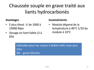 Chaussée souple en grave traité aux
liants hydrocarbonés
Avantages
• E plus élevé : E de 1000 à
15000 Mpa
• Dosage en liant faible (3 à
6%)
Inconvénients
• Module dépend de la
température à 40°C 1/10 du
module à 10°C
Utilisable pour les routes à faible trafic mais plus
cher
GB : grave bitume
19
©PM
 