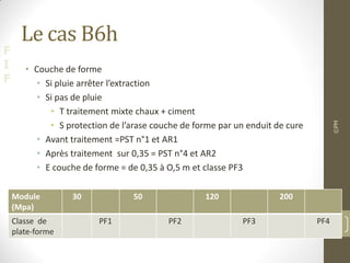 F
I
F
Le cas B6h
• Couche de forme
• Si pluie arrêter l’extraction
• Si pas de pluie
• T traitement mixte chaux + ciment
• S protection de l’arase couche de forme par un enduit de cure
• Avant traitement =PST n°1 et AR1
• Après traitement sur 0,35 = PST n°4 et AR2
• E couche de forme = de 0,35 à O,5 m et classe PF3
©PM
63
Module
(Mpa)
30 50 120 200
Classe de
plate-forme
PF1 PF2 PF3 PF4
 