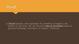 Should
 Should expresses one's expectation for something to happen in the
present or near future. We use should to make an assumption based on
personal knowledge, information, or insights. ("inference")
 