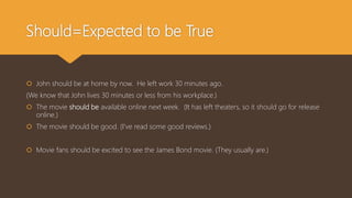 Should=Expected to be True
 John should be at home by now. He left work 30 minutes ago.
(We know that John lives 30 minutes or less from his workplace.)
 The movie should be available online next week. (It has left theaters, so it should go for release
online.)
 The movie should be good. (I've read some good reviews.)
 Movie fans should be excited to see the James Bond movie. (They usually are.)
 